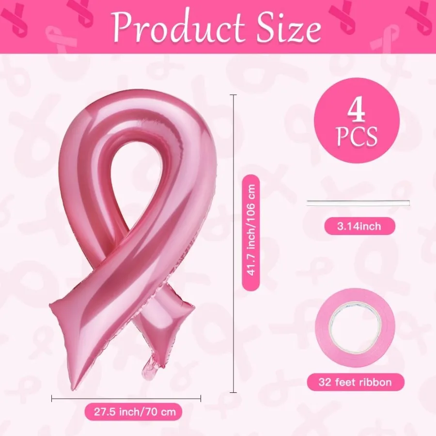 Balões de câncer de mama Decorações de conscientização do câncer de mama 4 PCS Balões de folha em forma de fita rosa Grande conscientização do câncer de mama