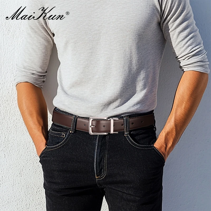 Maikun Genuine Leather Men\'s Belt Rotatable Pin Buckle Belt Buckle Double Sided Casual Belt For Jeans For Suits
