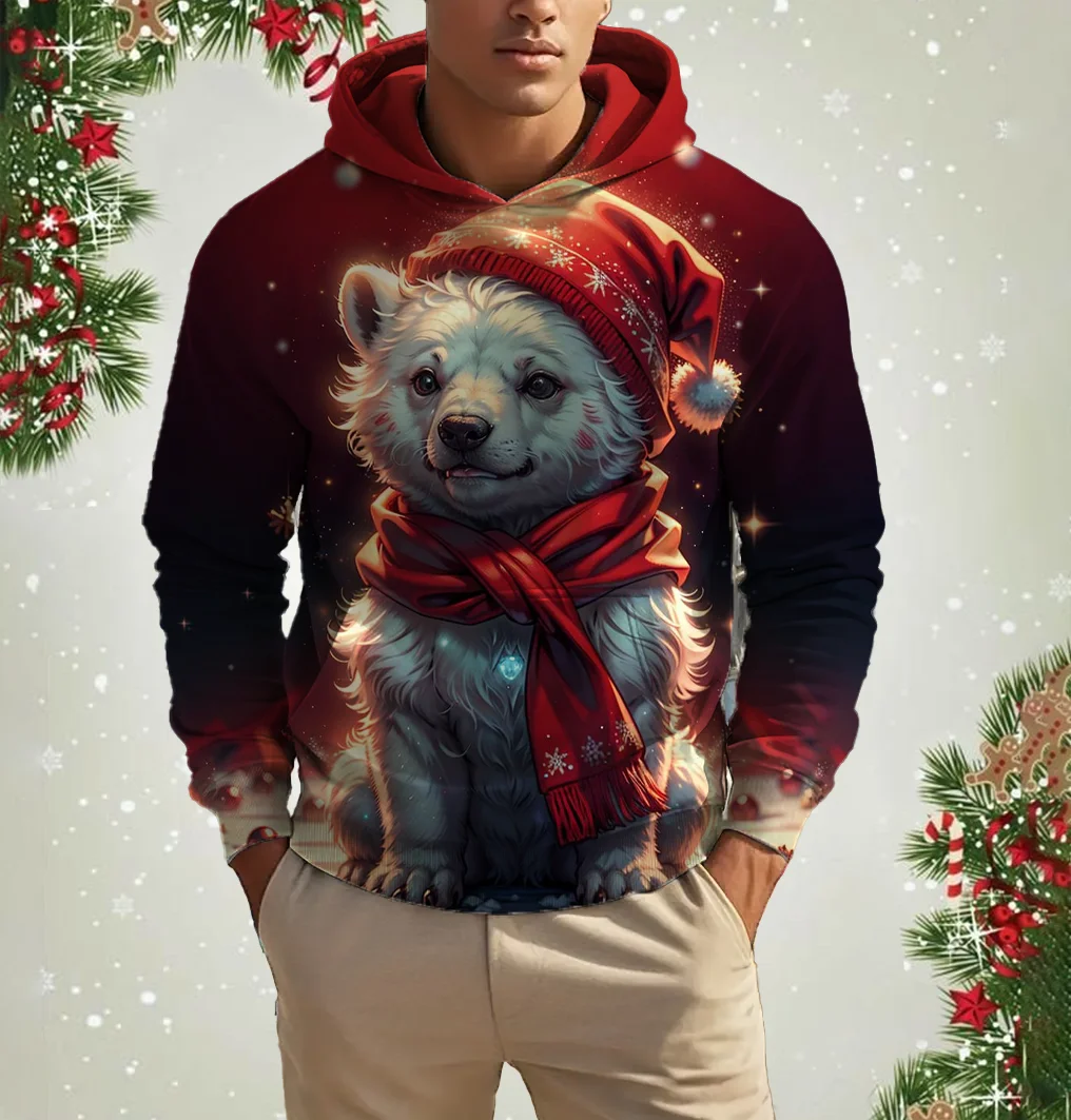 Men's Christmas bear and puppy animal pattern hoodie casual long-sleeved loose pullover hoodie men and women sports sweatshirt