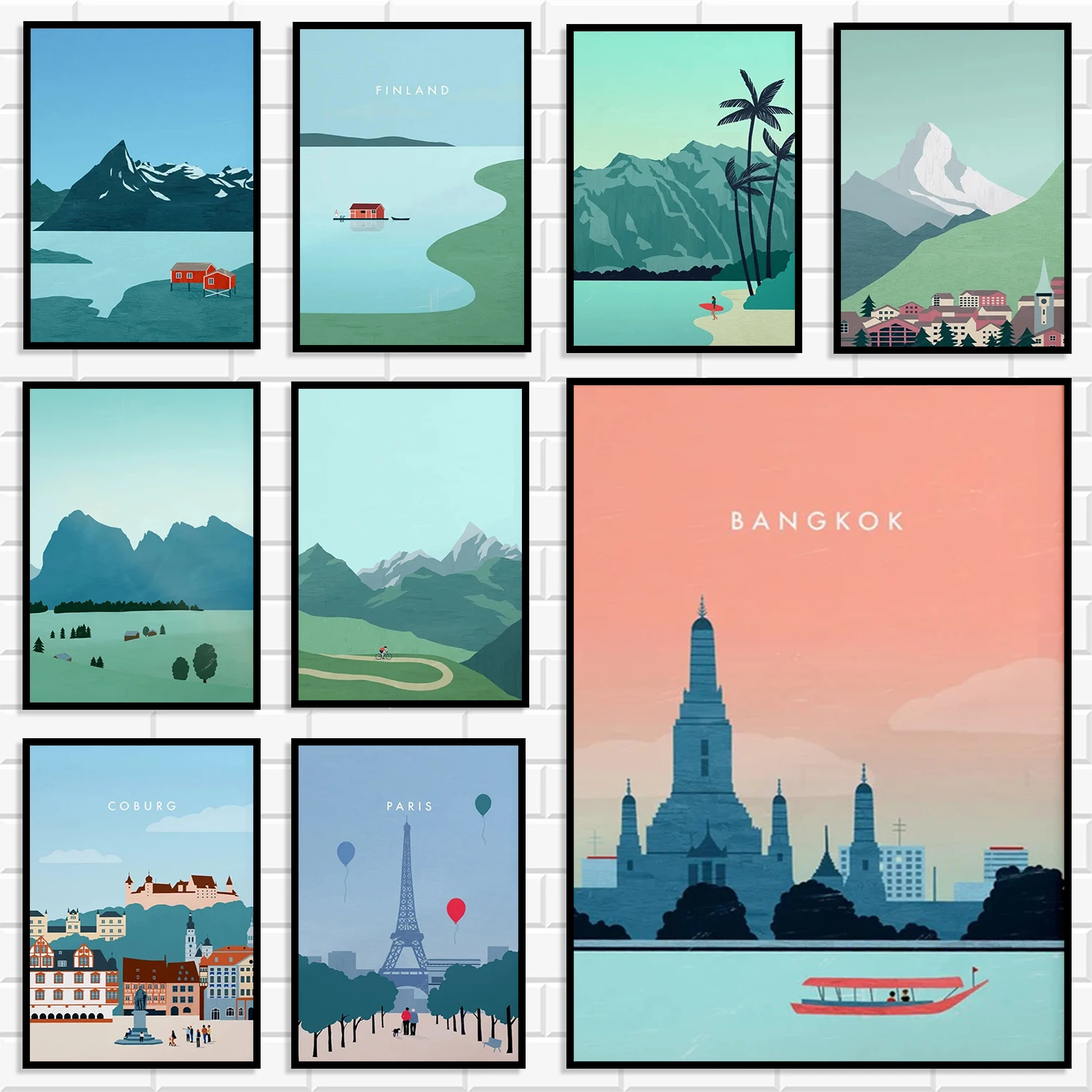 World City Travel Poster Canvas Print Minimalist Illustration Bangkok Finland Paris Mountain Lake Landscape Wall Art Home Decor