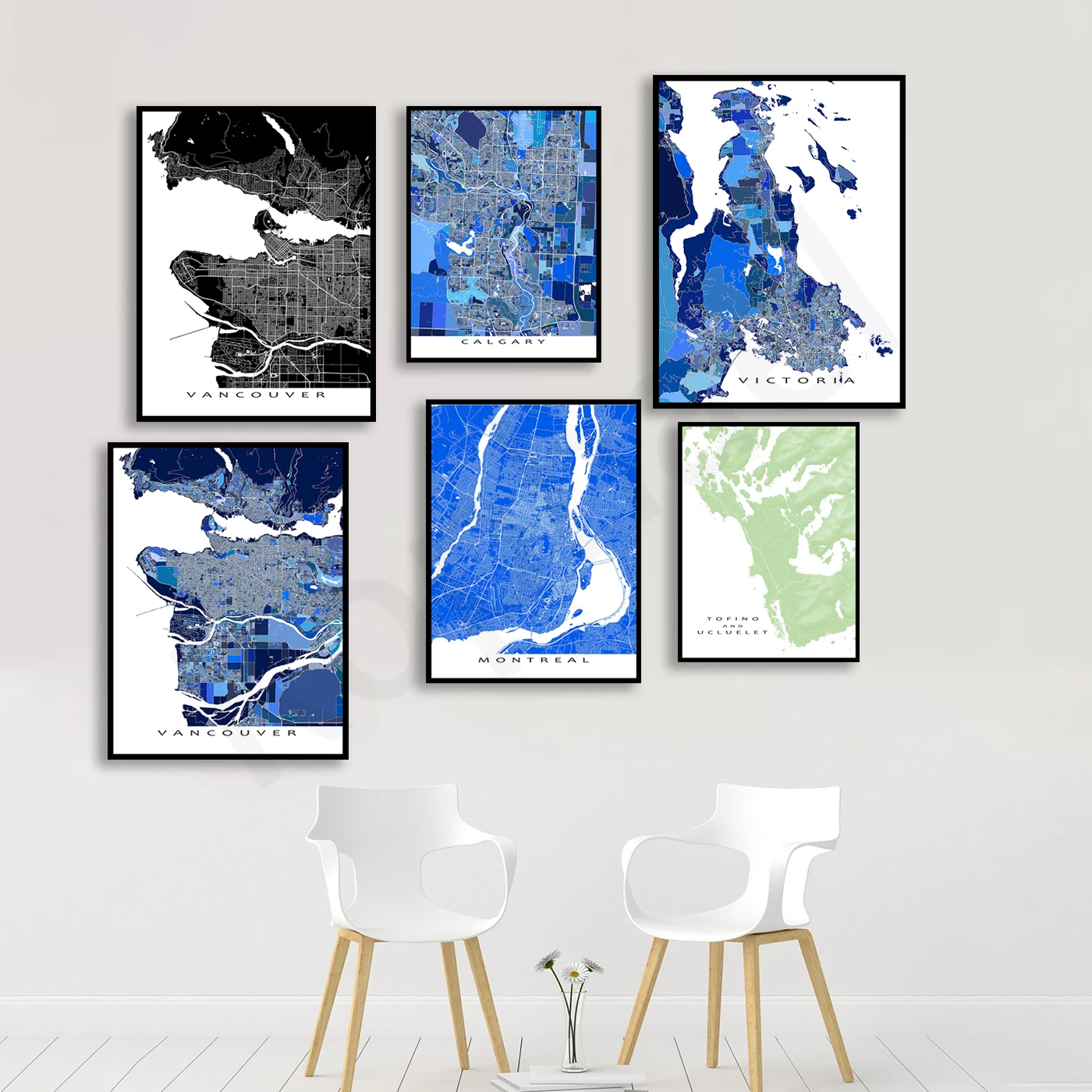 توفينو مونتريال فانكوفر إدمونتون كالغاري فيكتوريا. خريطة ألوان شارع المدينة. هدايا السفر. ملصق فني لتزيين جدران المنزل