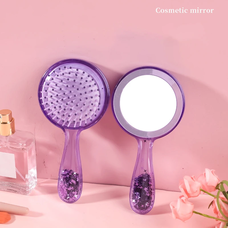 Purple Shiny Handheld Makeup Mirror Mini Airbag Comb Massage Comb Travel Portable Easy To Carry High-definition Makeup Tools