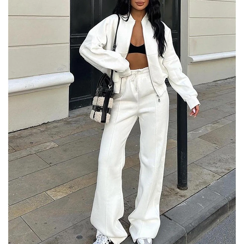 

Combhasaki женский комплект из 2 предметов, однотонный комплект одежды, пальто с длинными рукавами на молнии и круглым вырезом + эластичные брюки с высокой талией на шнурке, спортивные костюмы