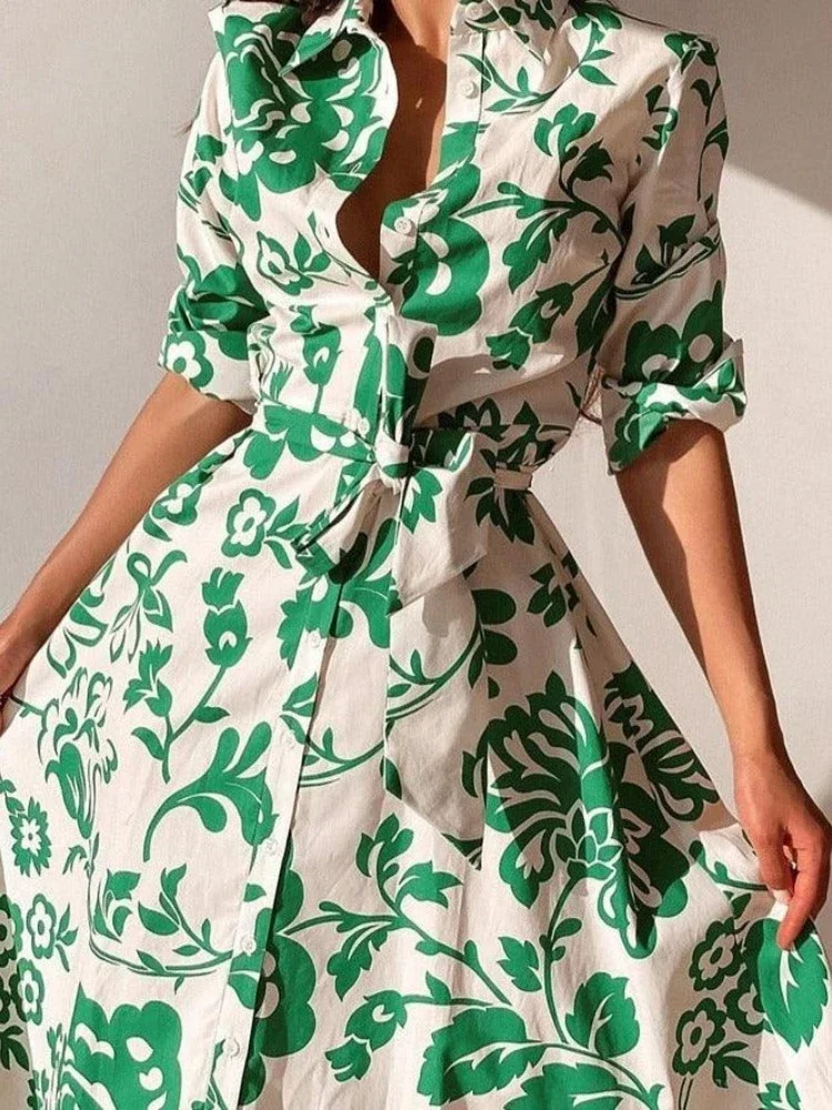 Novo elegante impresso floral solto camisa feminina vestido lapela estilo casual rendas até festa médio longo vestido botão cardigan roupas