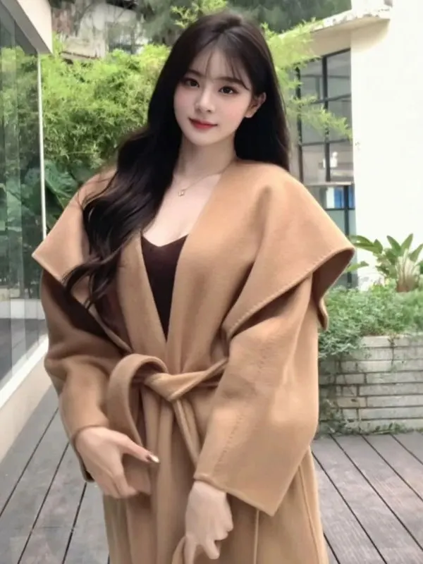 

Ретро-стиль, модное твидовое пальто средней длины с поясом, в корейском стиле, женская зимняя верхняя одежда, элегантное, с V-образным вырезом, длинное