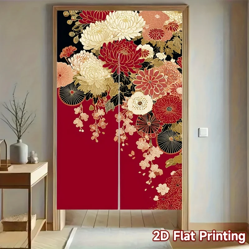 VIKAMA Red Rolled Flower Pattern Japanese Door Curtain Suitable For Restaurant Kitchen Partition Door Curtain And Home Decor