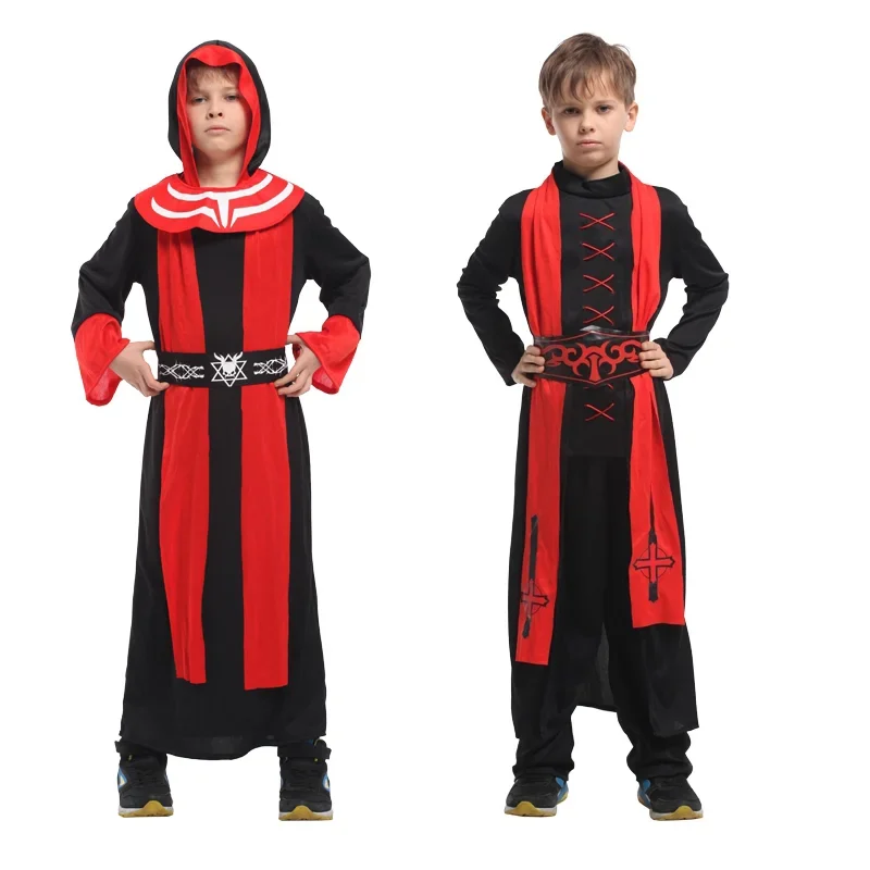 Robe noire de prêtre para niños, disfraces de bruja, mago, disfraz de Cosplay de halloween, conjuntos de disfraces de miss