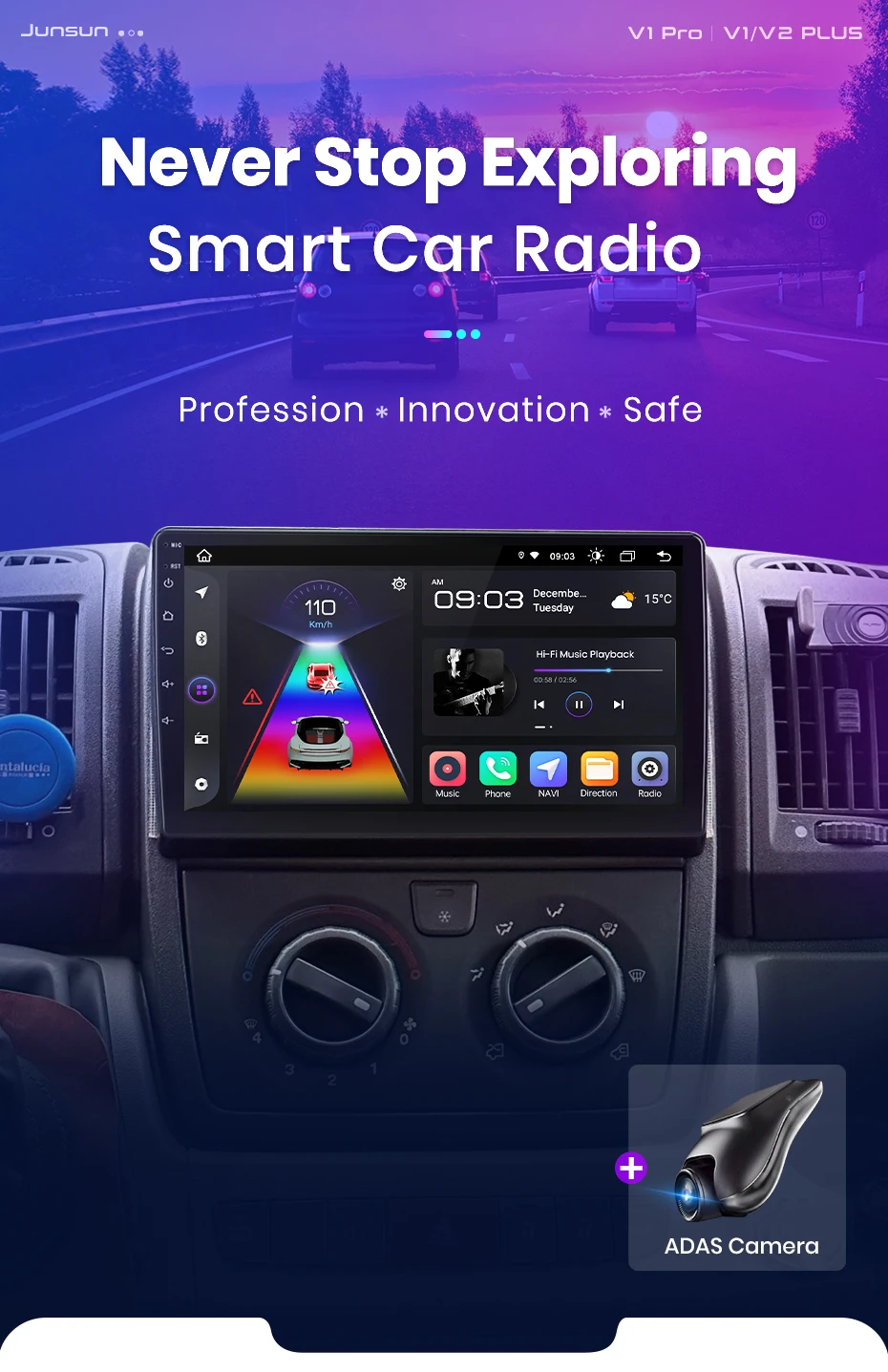 Junsun Kabelloses CarPlay Android Auto Autoradio für Fiat Ducato Peugeot Boxer 2 Citroen Jumper 2 2006 - 2023 2 DIN Multimedia-Stereoanlage mit Eingebautem Kühlventilator GPS-Navigation SWC Bluetooth FM RDS DSP IPS-Bildschirm Auto-Intelligentes System 4G WiFi 8-Kern-Prozessor – Detail 2
