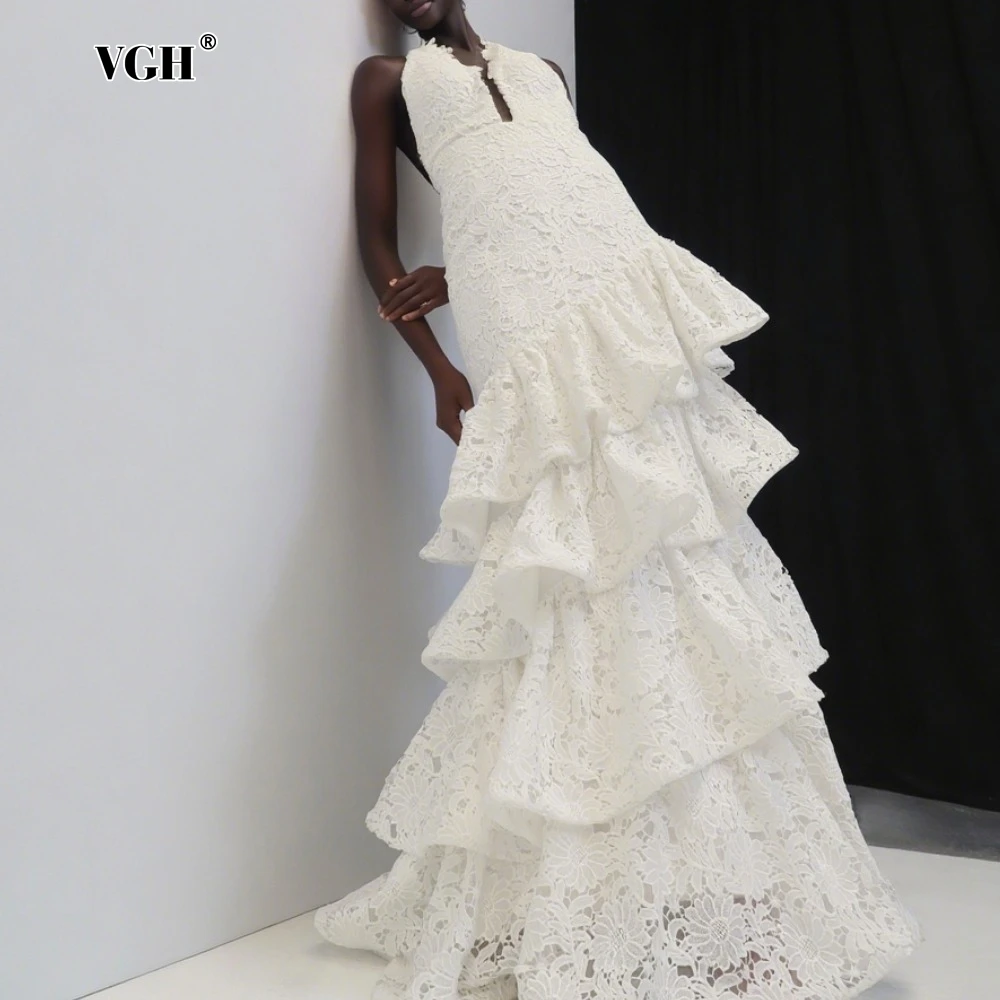

VGH Sexy Luxury Spliced Ruffle Hem Long Dresses for Women Halter Deep Neck Sleeveless High Waist Cocktail Evening Dress Female