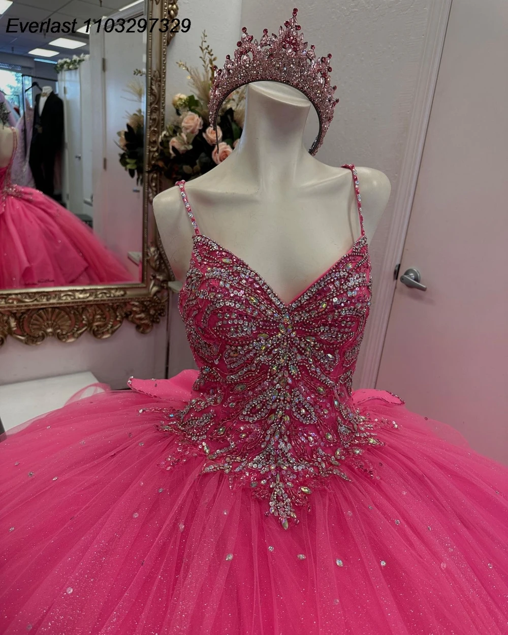 EVLAST Glitter Pink Quinceanera Dress Ball Gown Shiny Applique Beaded Crystal Spagfhetti Sweet 16 Vestido De 15 Anos QD1008