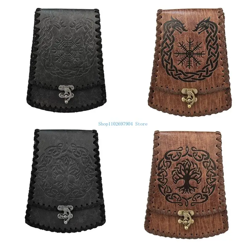 

N7YF Medieval Leather Waist Bag Vintage Embossed Leather Belt Bag Medieval Waist Pack Coin Purse For Men Women Halloween