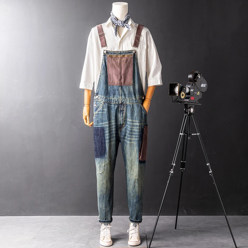 

American Style Casual Men's Denim Overalls Youth Straight Leg Trousers Harajuku Loose Fit Cargo Pants Unisex Overall Long Pants