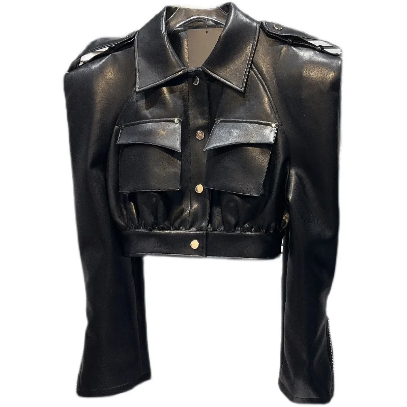 스트리트 스타일 PU 가죽 재킷 어깨 패드 디자인 핫 걸 아우터웨어 롱 슬리브 스트레이트 컷 패셔너블