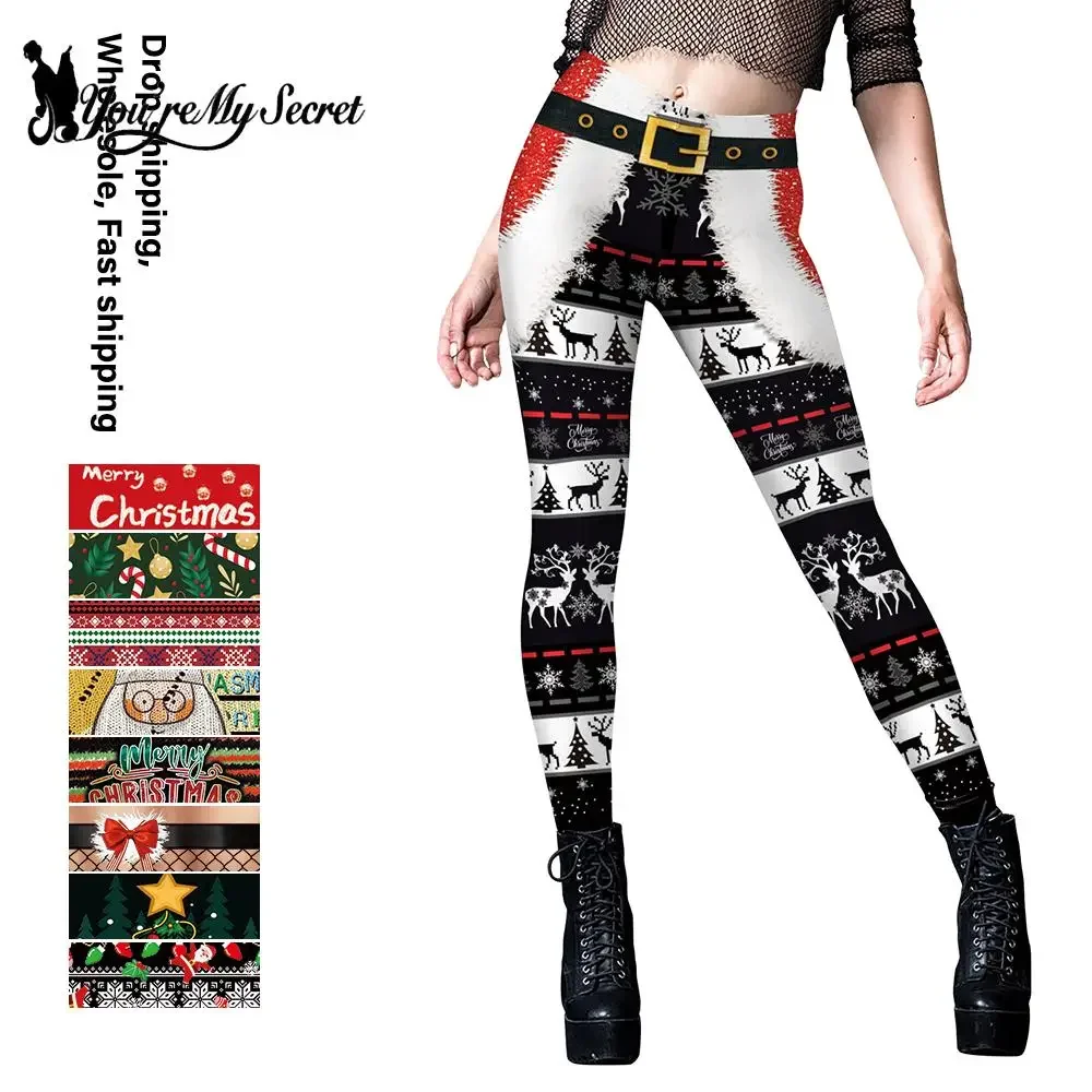 

[You're My Secret] Christmas Leggings Belt 3D Stripe Elk Snowflakes Printing Sexy Skinny Pants Women Legging Xmas Gifts Trousers