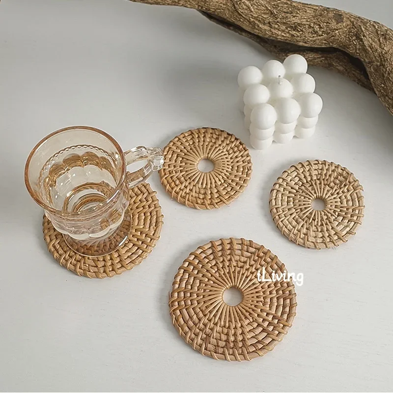 Creative Small Fresh Hand-Woven Rattan Placemat Insulate Heat Coasters Anti-Scratch Cup Mat Desktop Decor Home Nordic Ins Style