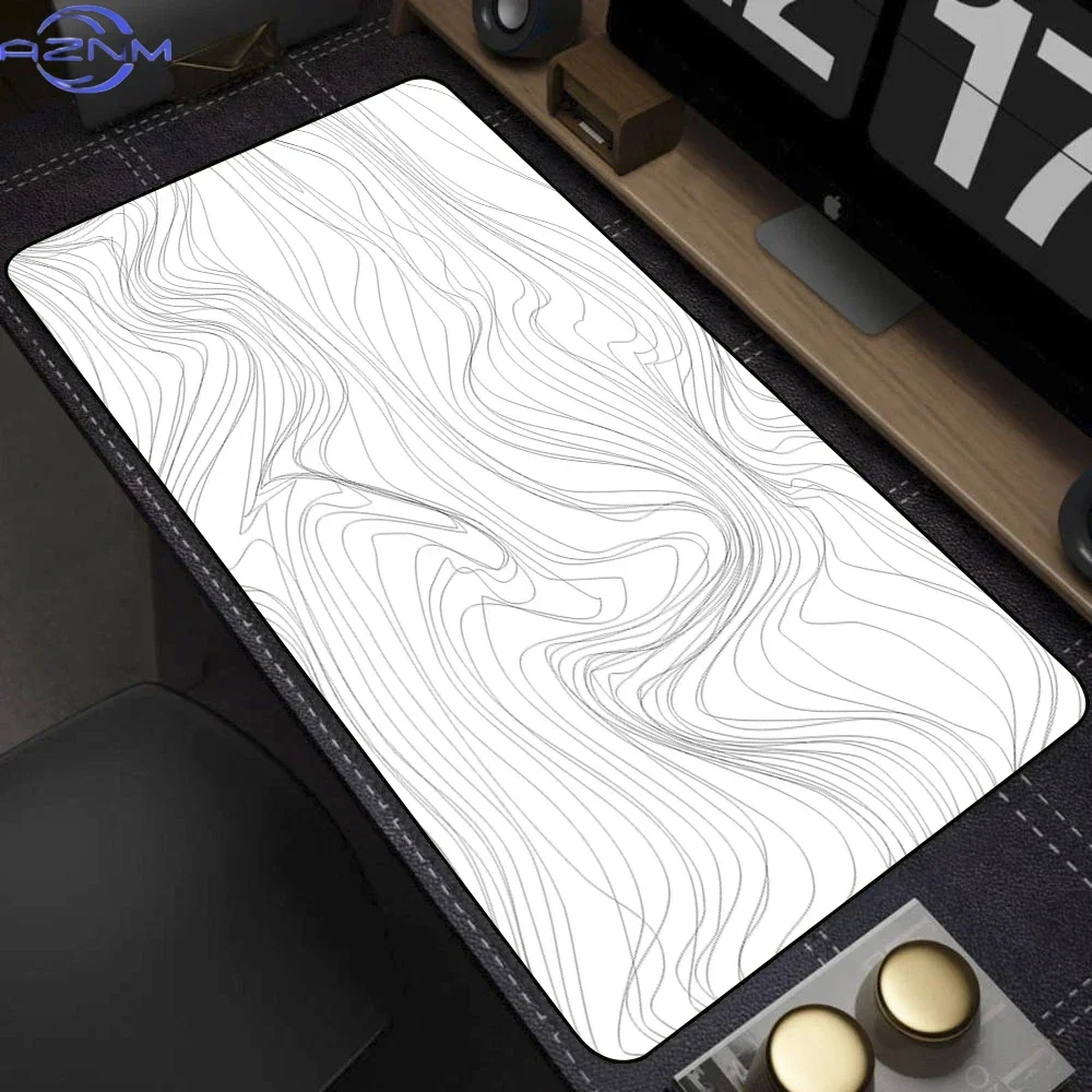 Black White Contour Topographic Mousepad Rubber Non-Slip Large Desk Mat Minimalist Line Art Keyboard Pad for Gaming Office