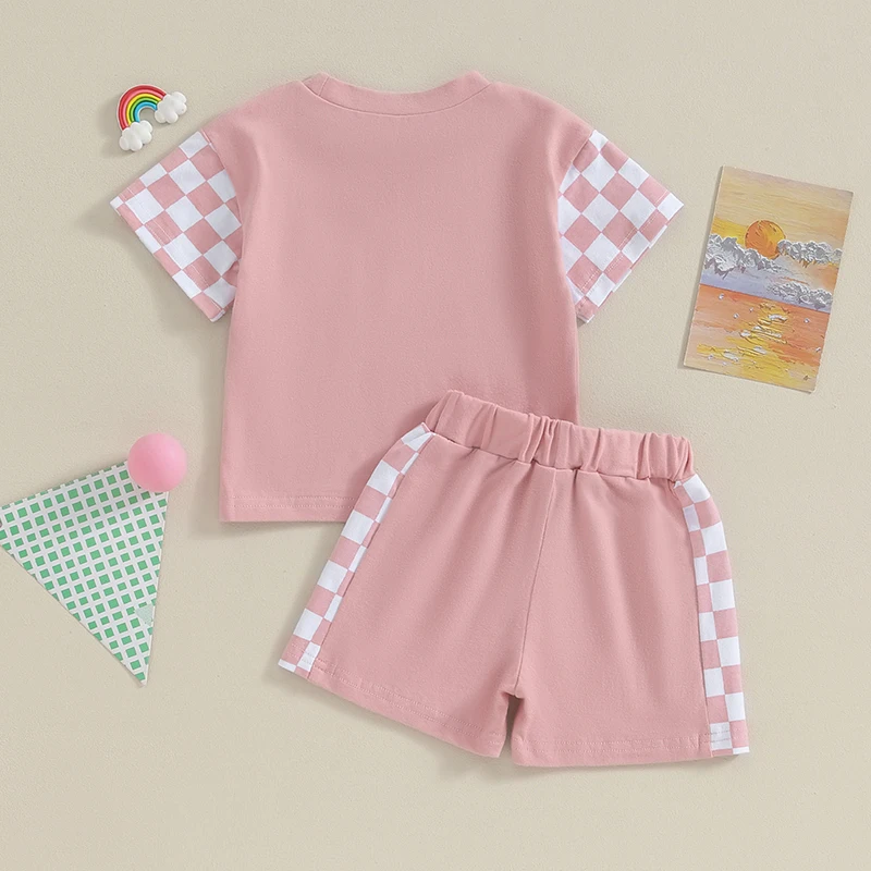 Infant Girls Summer Clothes Outfits Checkerboard Patchwork Crew Neck Short Sleeve T-Shirts and Elastic Waist Shorts Suit image 3