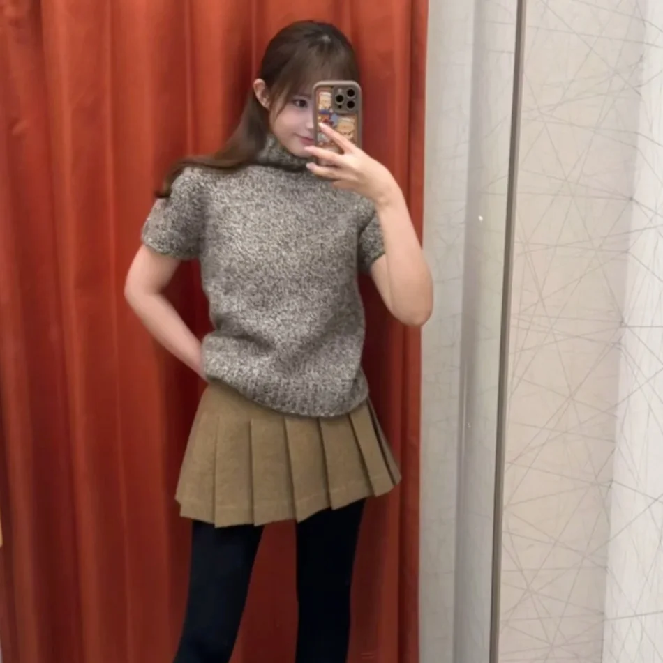 

Khaki High Waist ort f Body Skirt with Golden Bule Korean Sle Women's Casual High Waist Pleated Skirt for Autumn