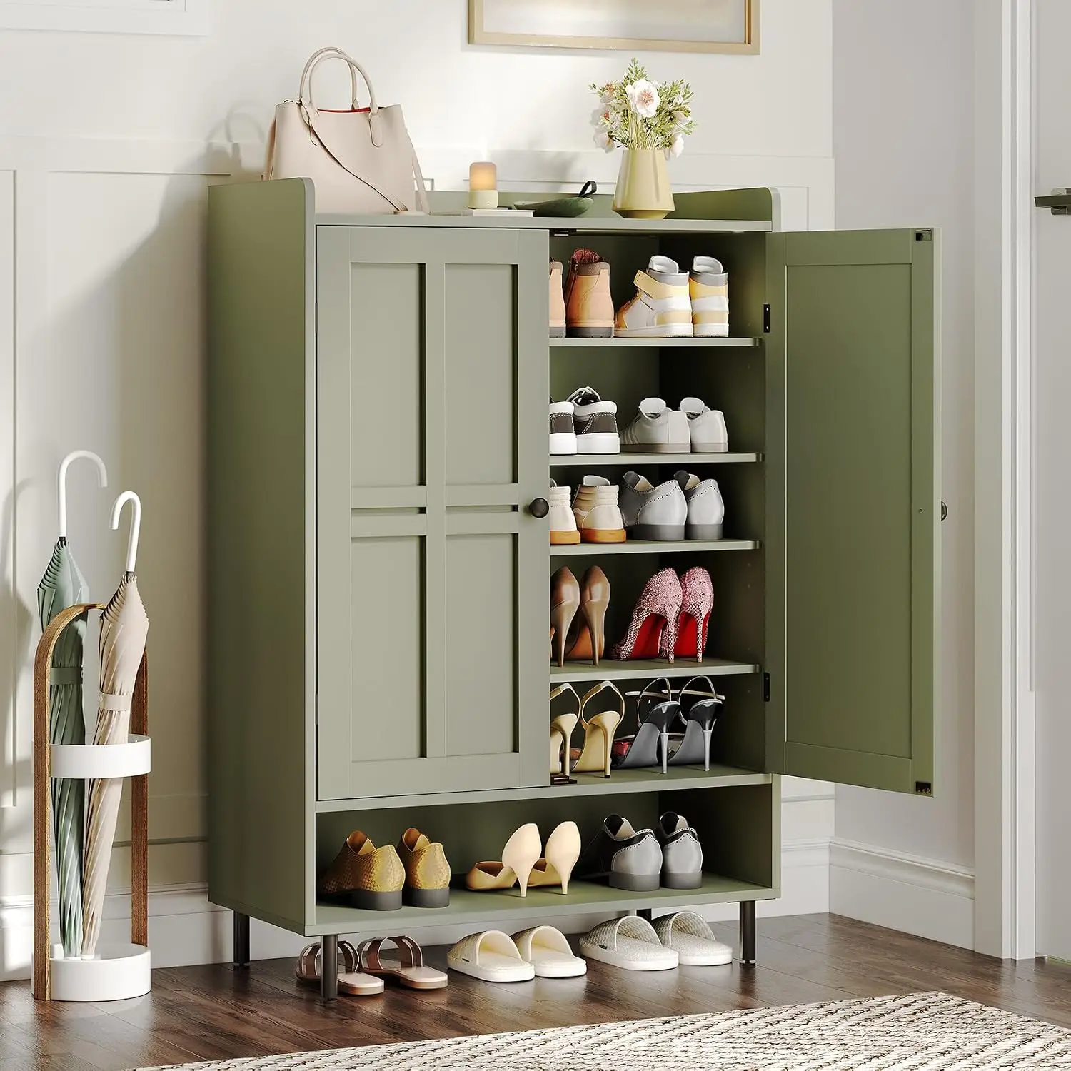 Shoe Cabinet Storage Organizer, Freestanding Footwear Cupboard With Doors, Entryway Hallway Hidden Shoe Rack, Multi Tier Interior Shelves, Farmhouse Geometric Accent Furniture, Green, Single Piece
