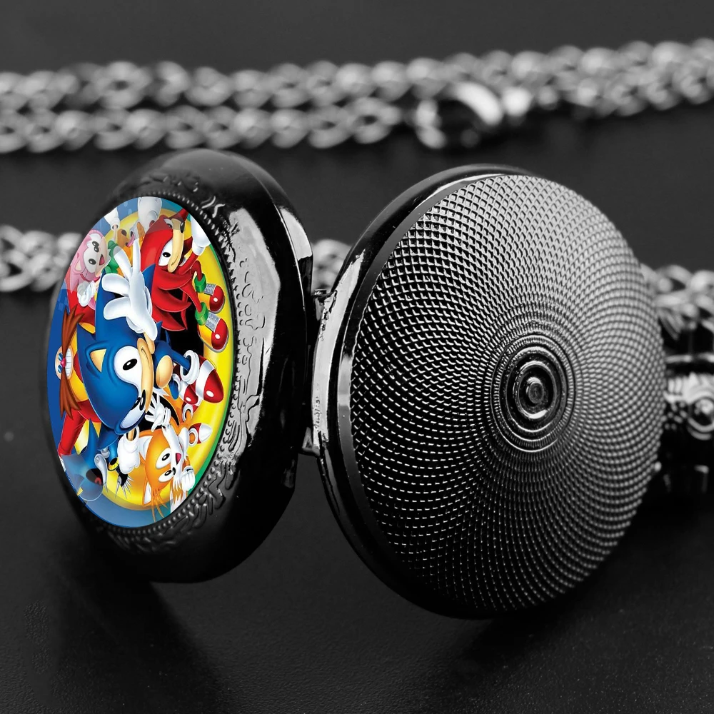 Orologio da tasca al quarzo nero con cupola in vetro di cartone animato con quadrante con numeri arabi e catena resistente, regalo retrò per uomini e donne