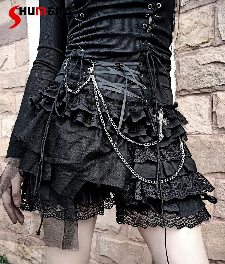 Harajuku Aesthetic Goth Punk Dark Black Culottes Women Chain Lace Strap Pantskirt Hot Girls Streetwear Fashion Club Rock Shorts