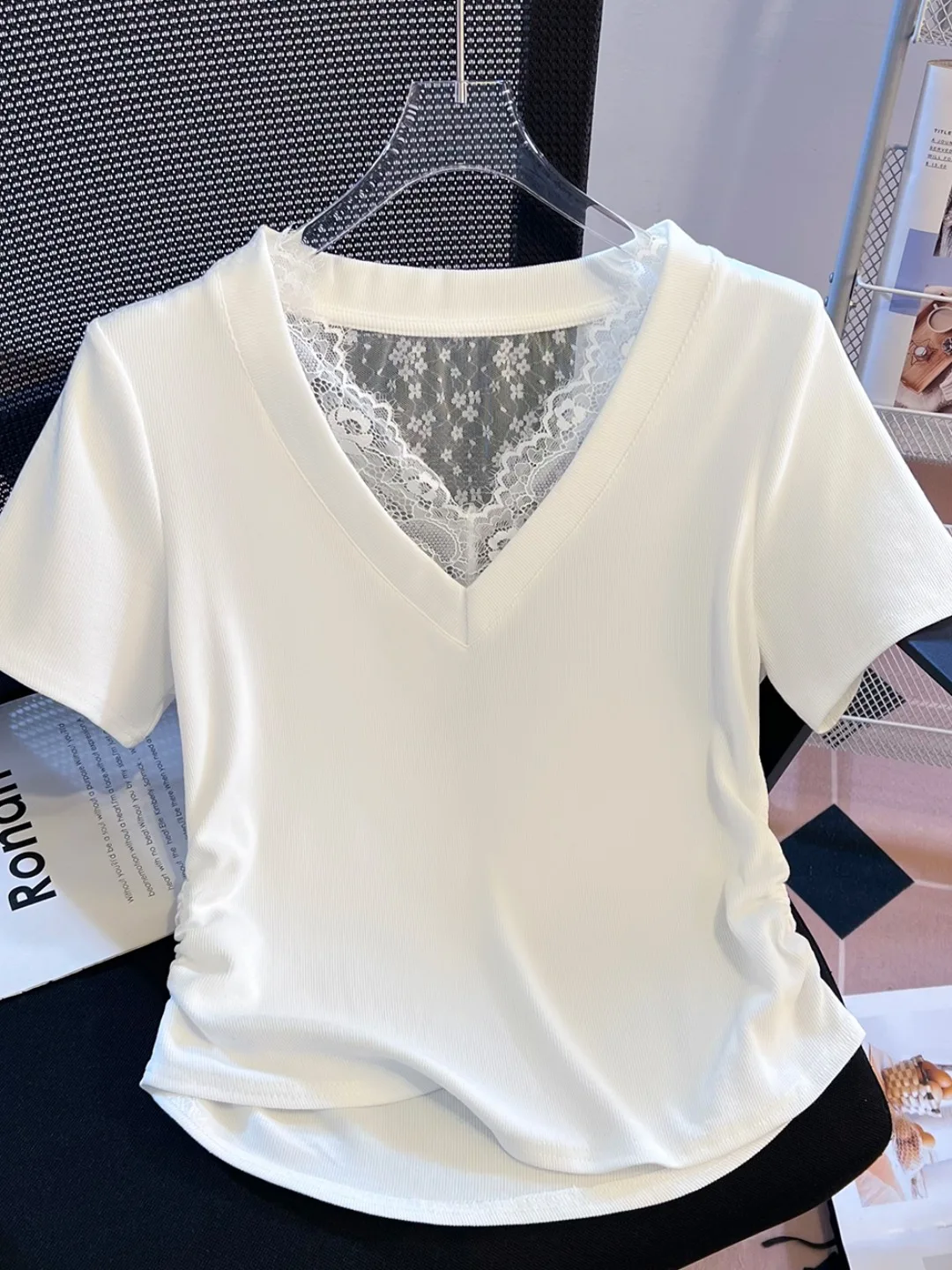 

Summer Lace Splice V-Ne ort Sve T-irt Women's Pure Desire ort Length Waist-Cinching Bal Top Commute Sle Kor...