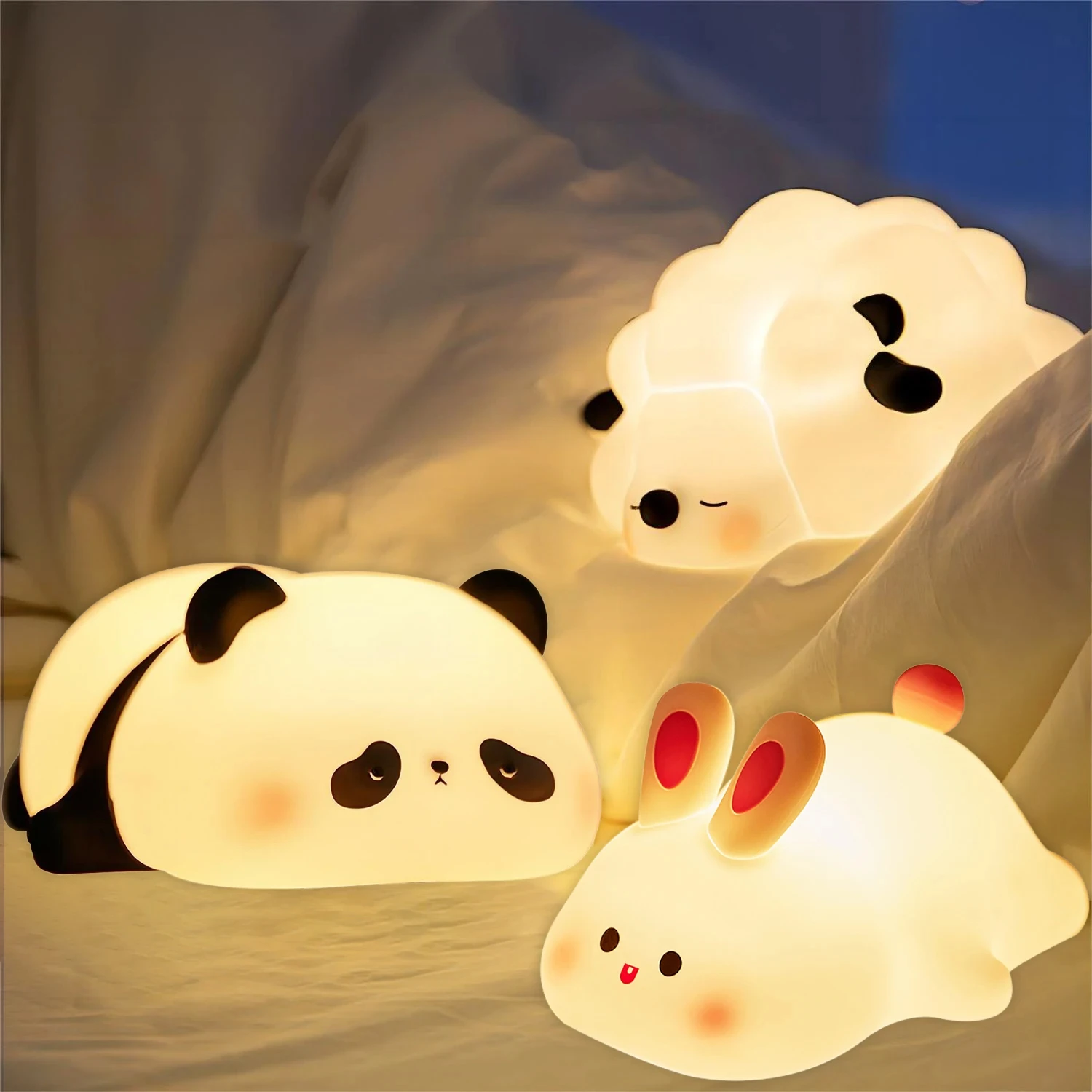 USB recarregável Night Lights, Cute Sheep, Panda, Coelho, Lâmpada de silicone, Timing, Bedside Decor, Baby Nightlight, Birthday Gift, Novo