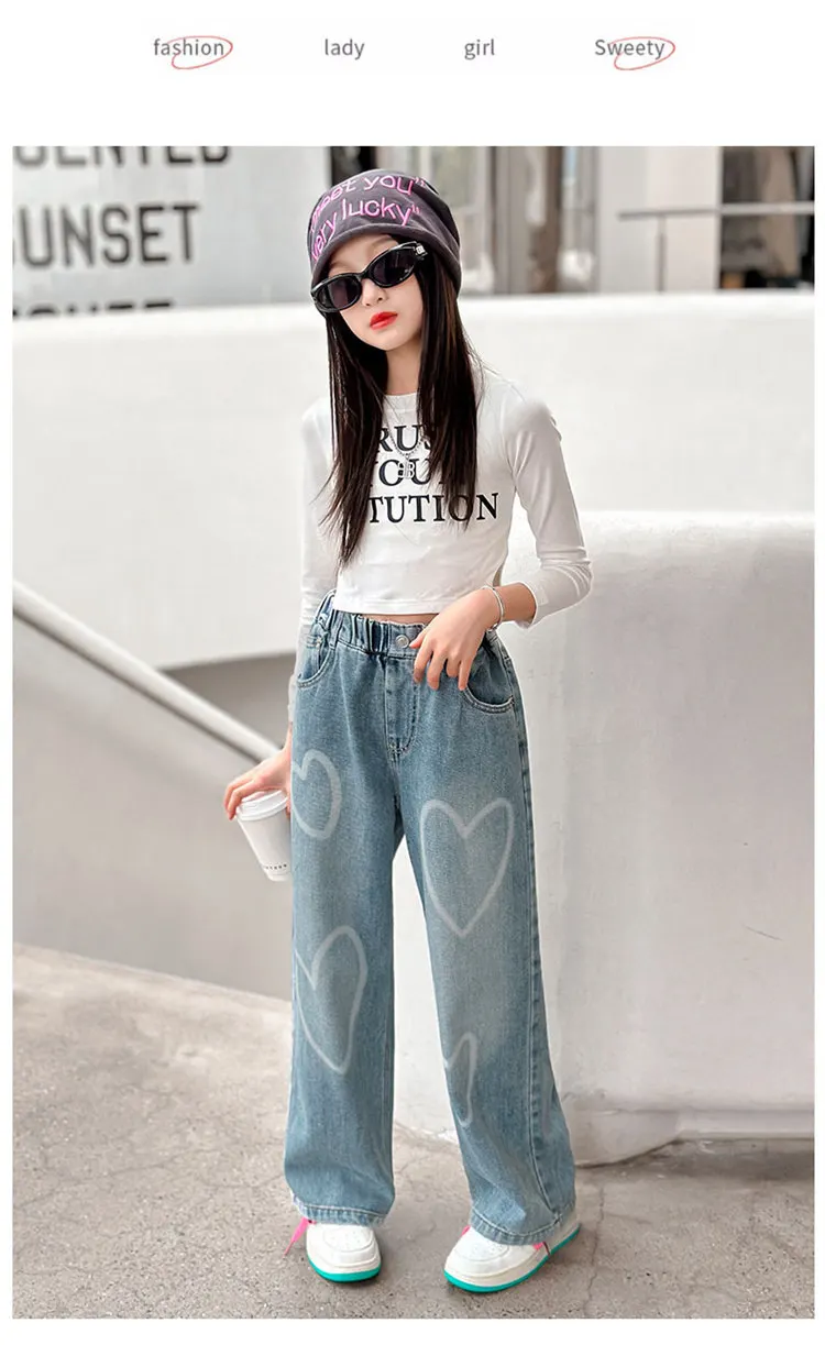 Hochwertige Jeans für große Mädchen mit Herzmuster, Neuheit 2024, Frühjahr/Herbst, modische weite Hosen, lockere Schulhosen für Kinder – Detail 3