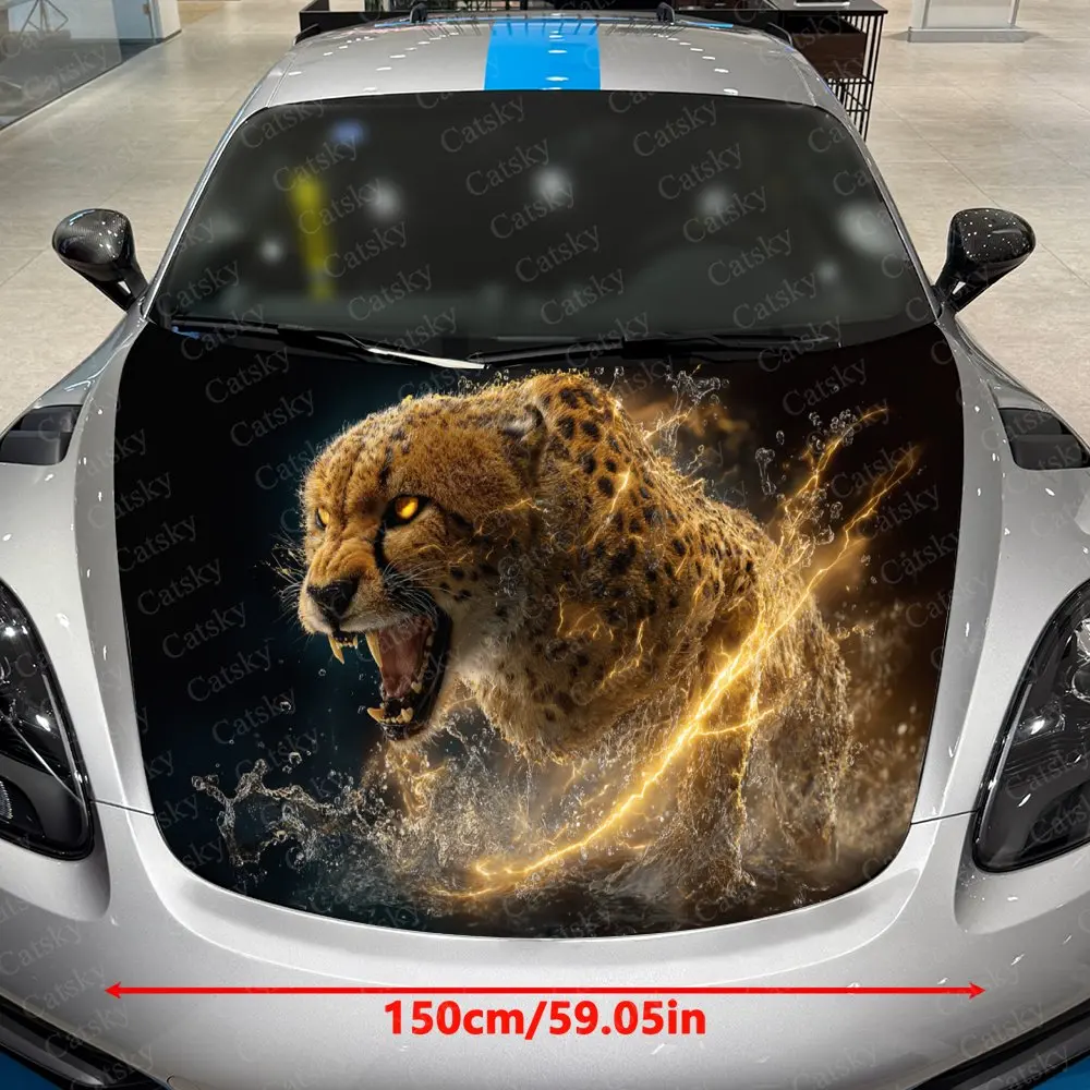 Flame-Lightning Roaring Cheetah Car Vinyl Wrap, PVC Waterproof Car Hood Sticker, Self-Adhesive Scratch-Resistant Stickers