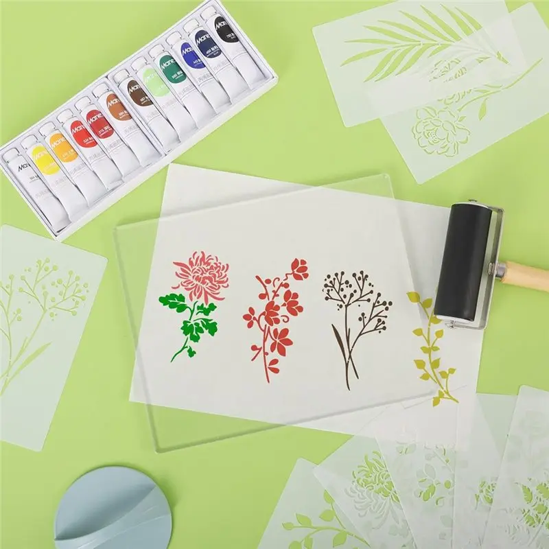 لوحة طباعة ABSJ-Gel مقاس 5 × 7 بوصة بما في ذلك أسطوانة براير، استنسل ورق الأرز - لفن الوسائط المختلطة للفنانين والمبتدئين #2