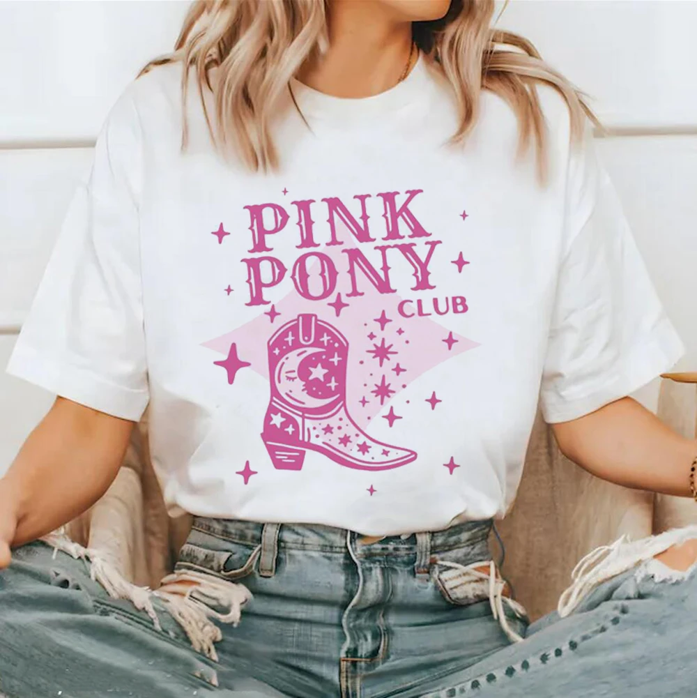 Pink Pony Club Chappell Roan Cowgirl Boots Trendy Summer T-Shirt Printed Cartoon Pattern Versatile Street Casual Women's T-Shirt