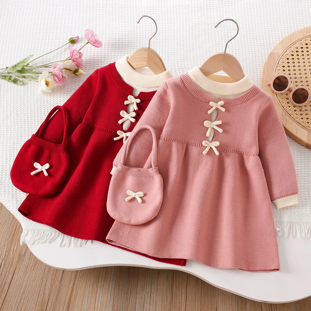 

Girls Knitted Dresses Spring Autumn 2025 Children Woolen Jersey Sweaters Dress And Bag Clothing For Baby Cute Outfits Kids 5 6Y