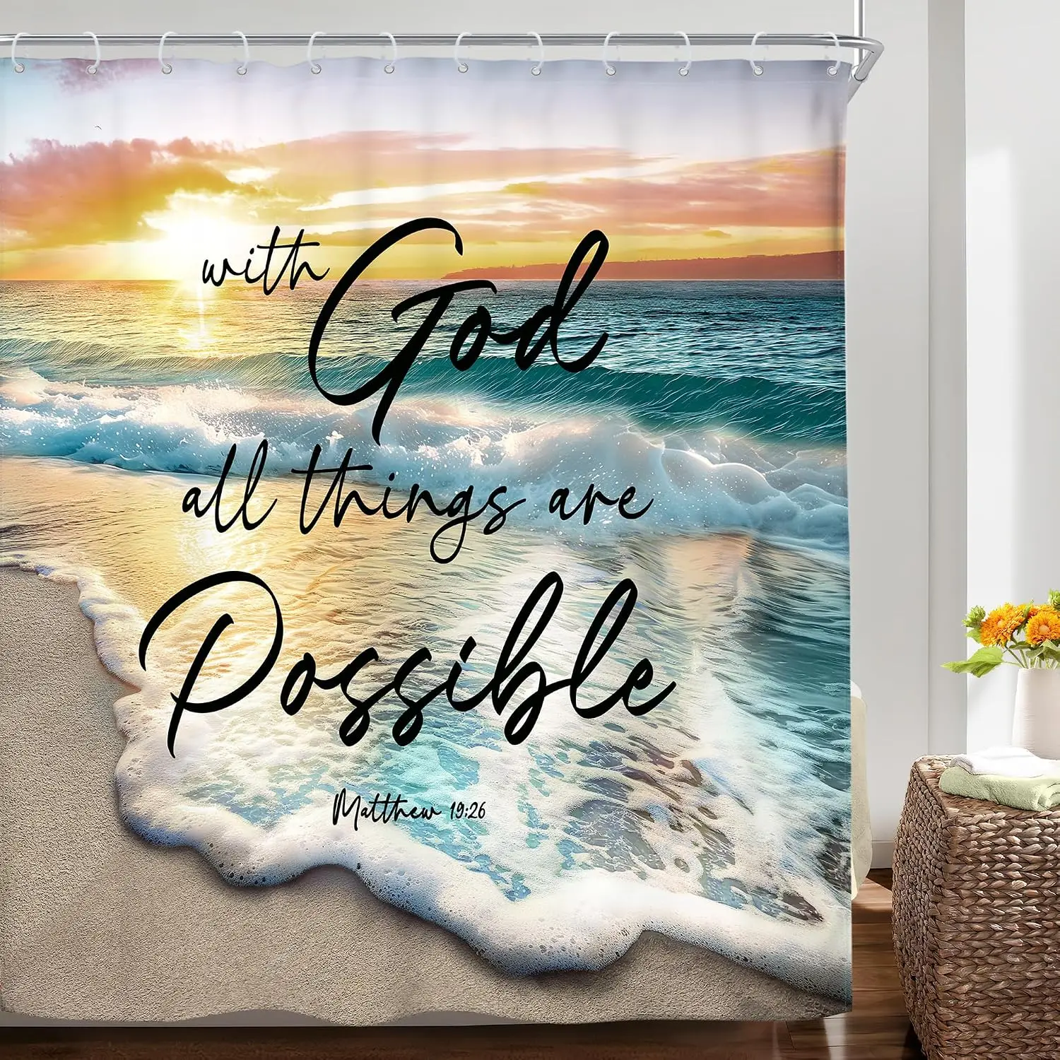 Waterproof Scripture Shower Curtain Christian Inspirational Bathroom Decor God All Things Are Possible Ocean Beach Print