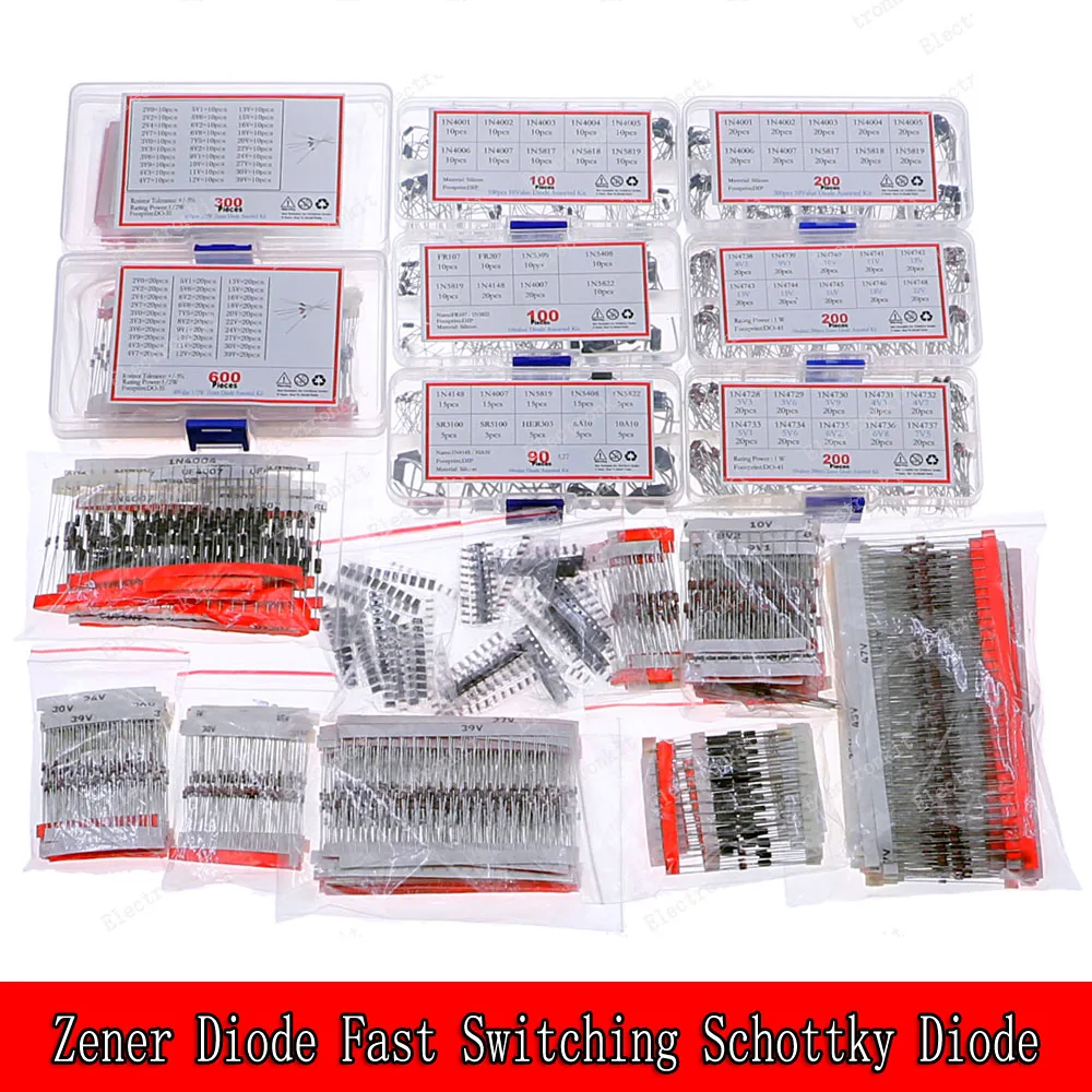 DIP SMD Zener Diode Fast Switching Schottky Diode Assorted Kit 1N4148 1N4007 1N5819 FR107 FR207 1N5822 1N5408 SR5100 6A10 10A10