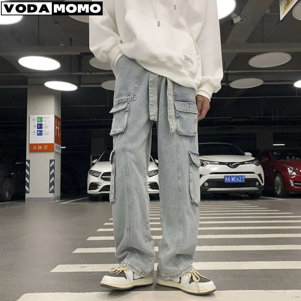 

High Street Men Cargo PantsY2K Casual Pocket Women Loose Jeans High Waist Straight Tube Draped Wide Leg Track Pant Denim Jean