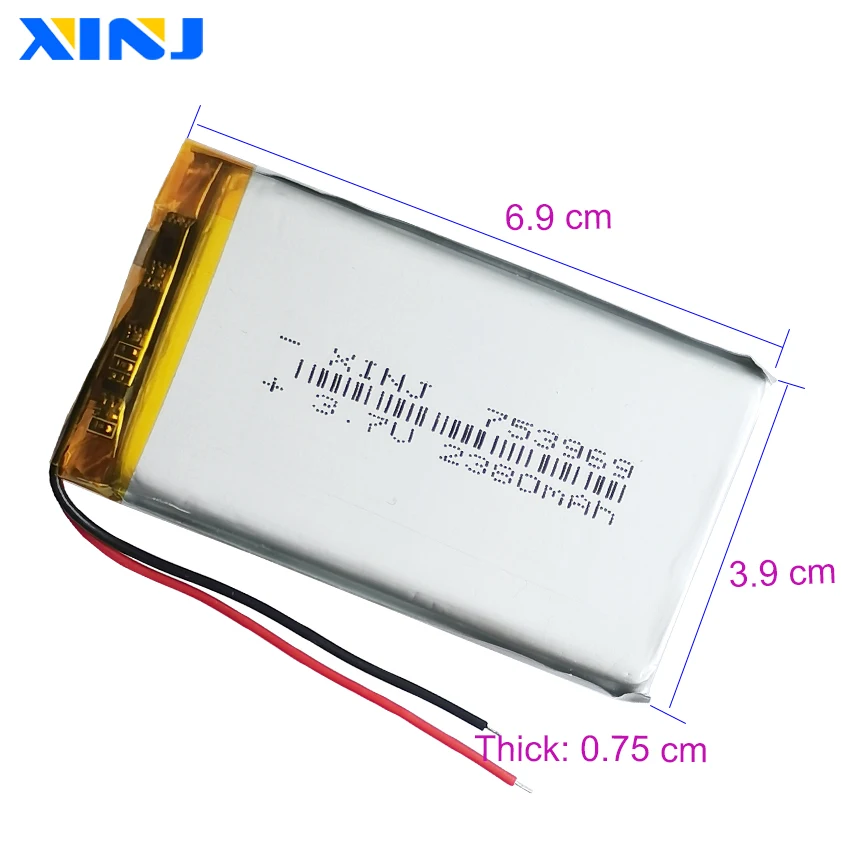 3.7V 2380mAh 8.80Wh Polymer Li Lithium Lipo Battery 753969 For GPS Mobile Phone Music Player PSP E-Book Bluetooth Power Bank