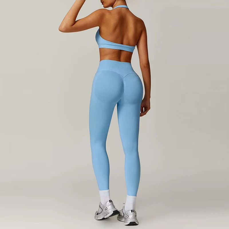 2PCS Seamless Yoga Fitness Suit for Women, High Waisted,Tight Fitting Sports Bra and Fitness Pants Set, Neck Hanging Back Design