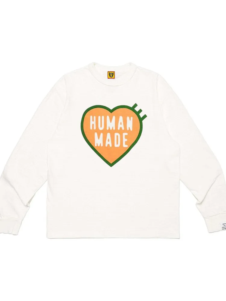 Human Made Heart Long Sleeve T Shirt Letter Print Loose Crewneck Unisex Casual