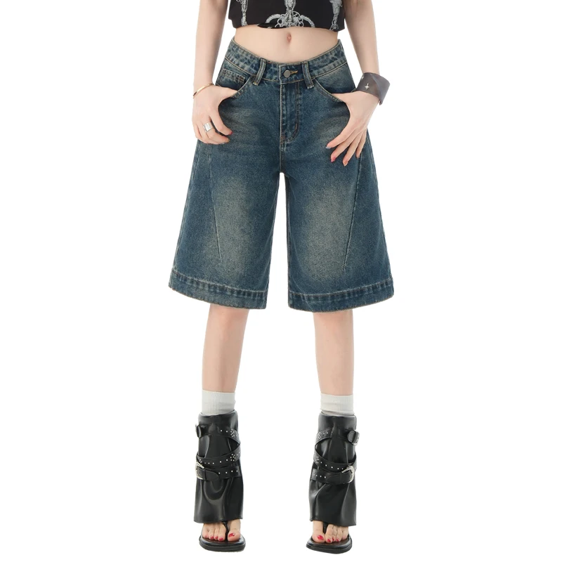 

Retro Spicy Woman Cropped Denim Shorts Women'S Summer Low Waisted Loose Design Straight Five-Point Pants