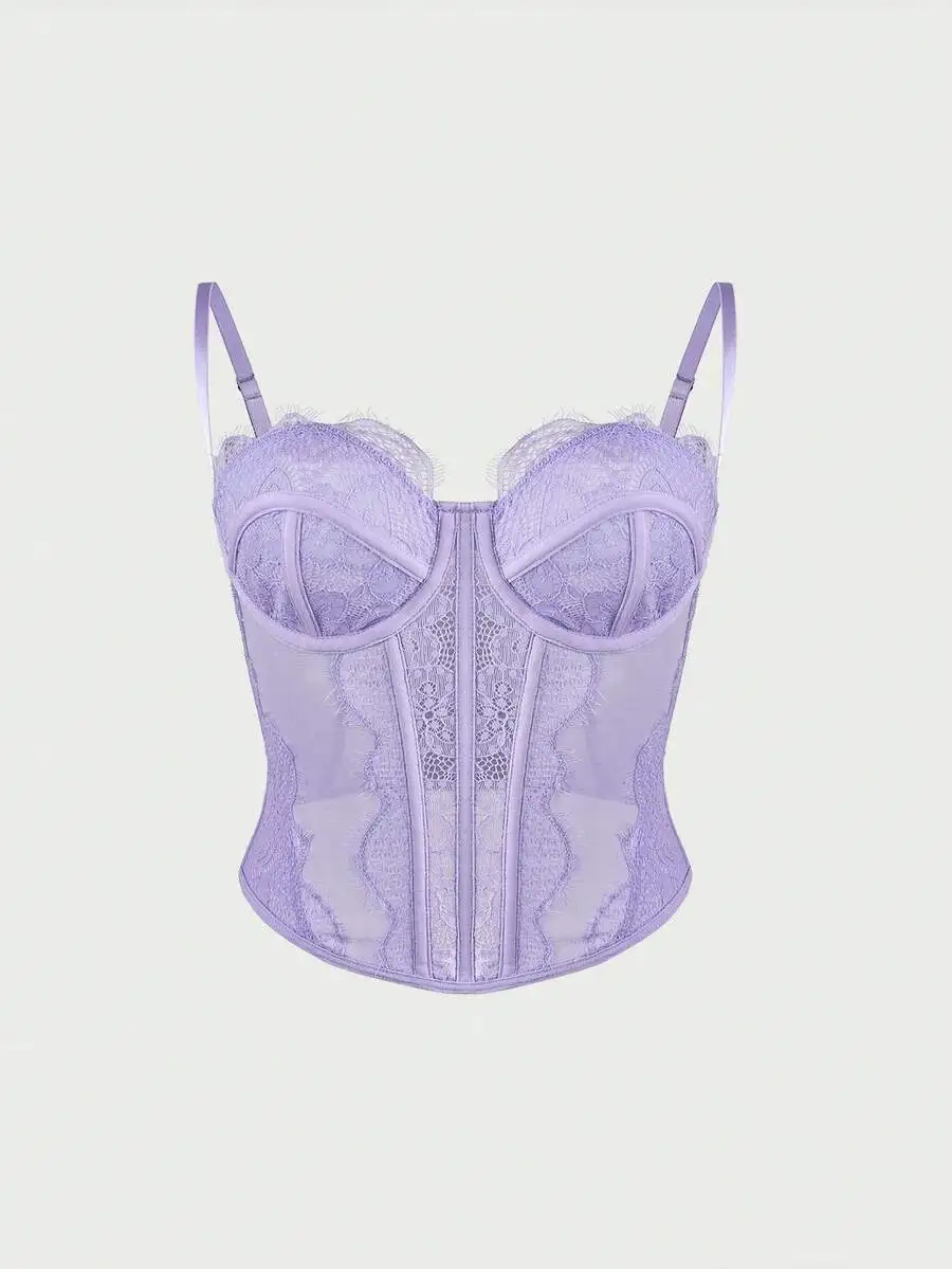 Top corsé de encaje morado para mujer, body sexy con tirantes ajustables.