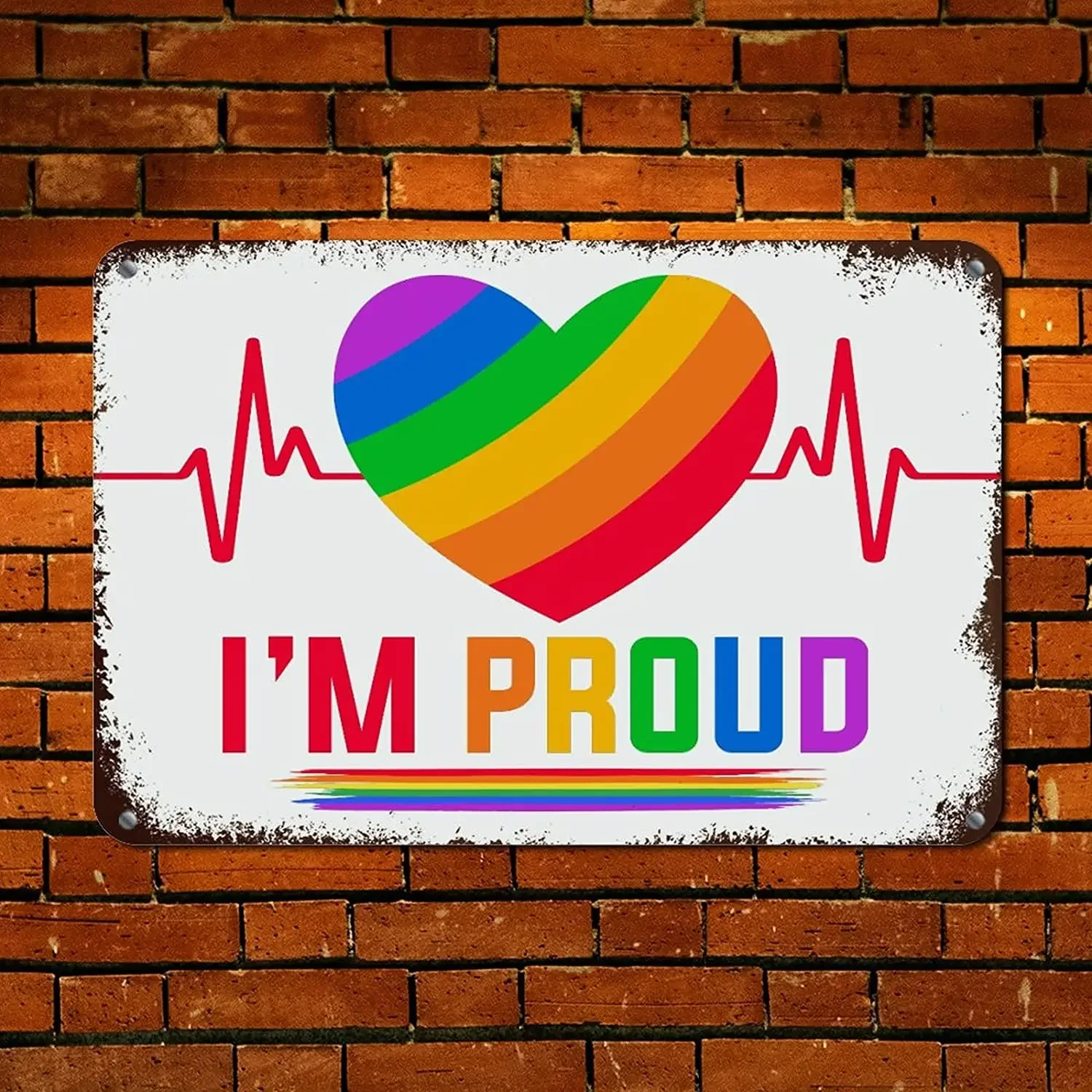 I'm Proud Rainbow Heartbeat Metal Signs Rainbow Gay Rights Lesbian Equality Men Cave Signs LGBTQ Pride Parade Retro Wall