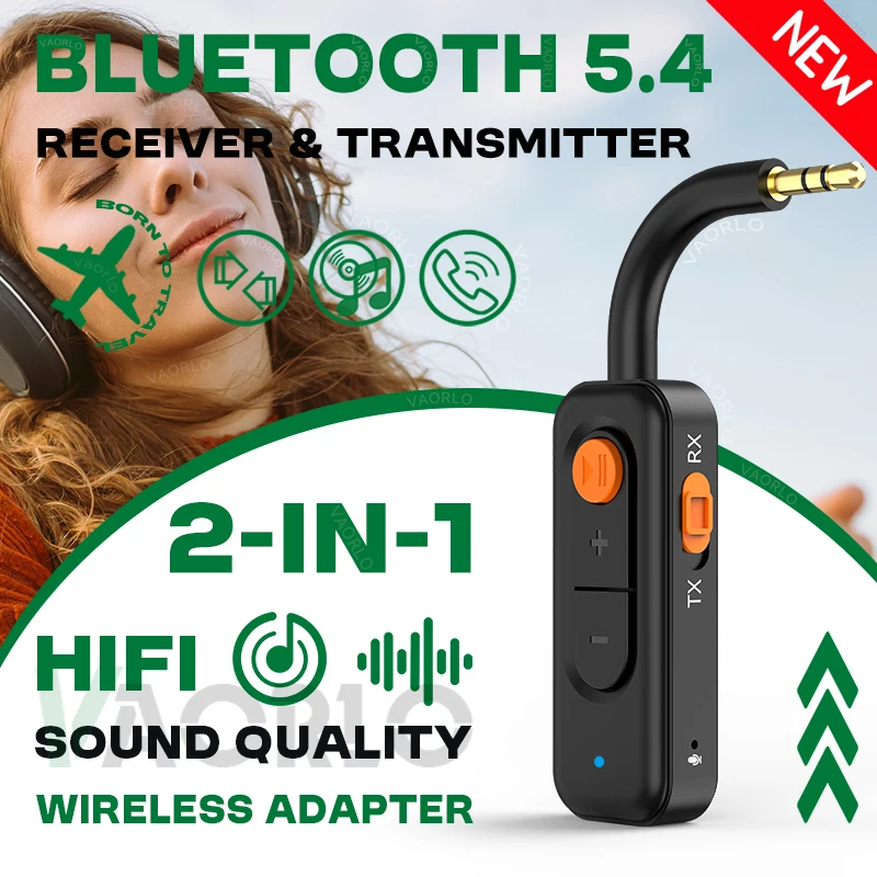 2 in 1 Bluetooth 5.4 Audio Receiver Transmitter Stereo Music With Mic Wireless Adapter 3.5MM AUX For Car Airplane TV PC Headsets