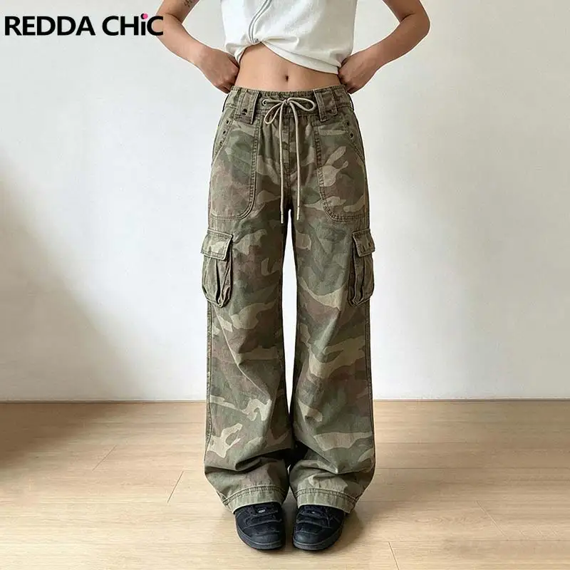 ReddaChic Women Camo Work Pants Hip Hop Multi-pockets Drawstring Straight Low Waist Relaxed Fit Baggy Joggers Vintage Streetwear