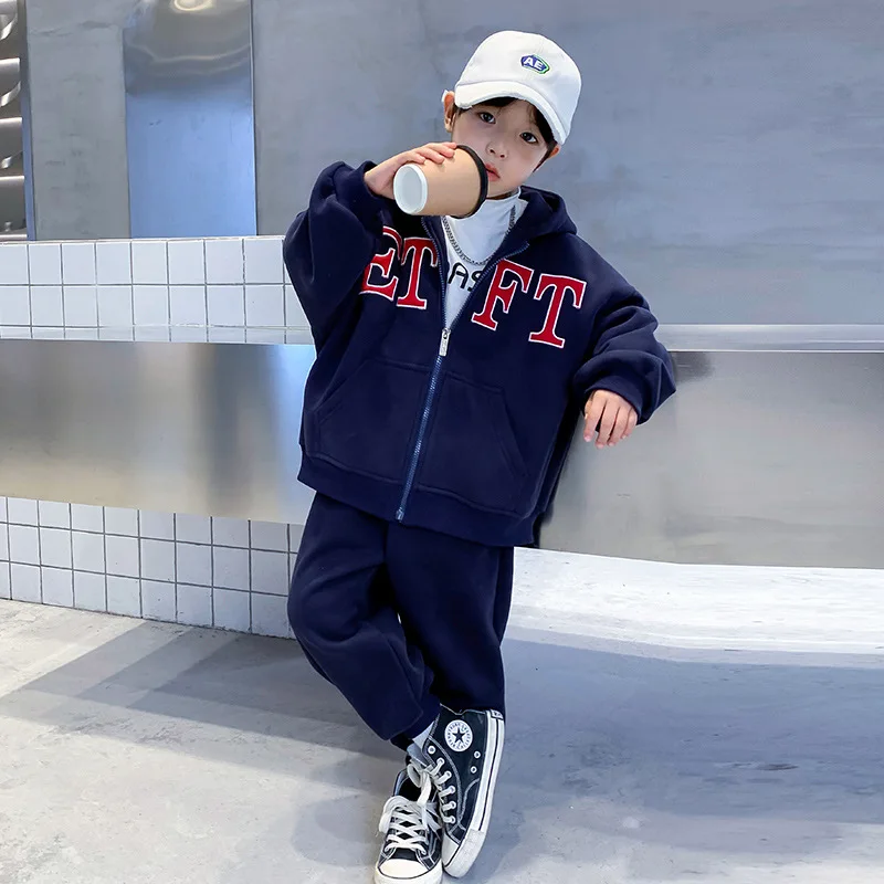 Winter Boys Fleece Lined Alphabet Zip Sweatshirt Jacket+Sweatpant School Kids Tracksuit Child Jogger Outfit Workout Set 3-16 Yrs