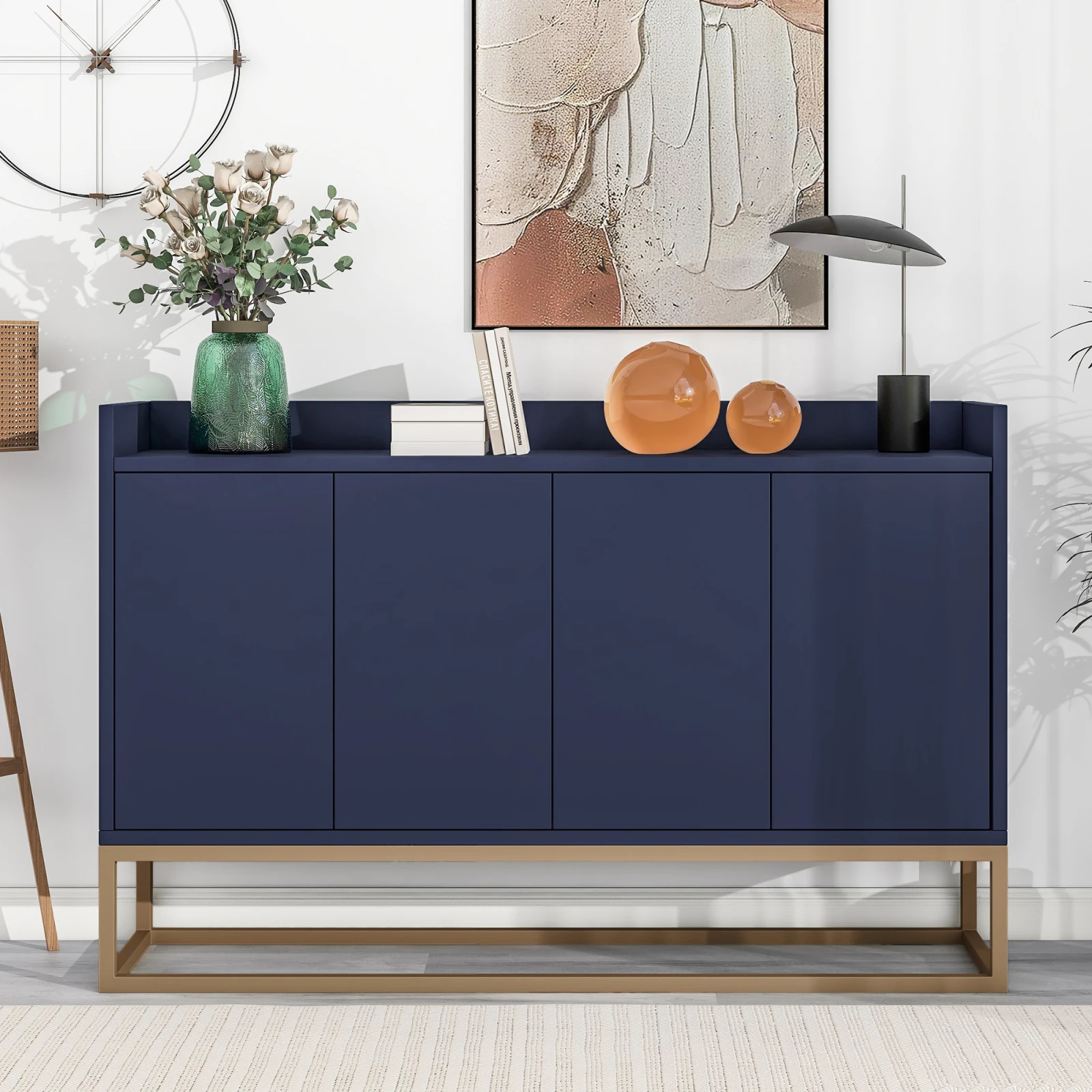 4-Door Handle-free Chest of Drawers Solid Color Modern Sideboard Cupboard 120x30x80cm Buffet Cabinet with Golden Metal Leg