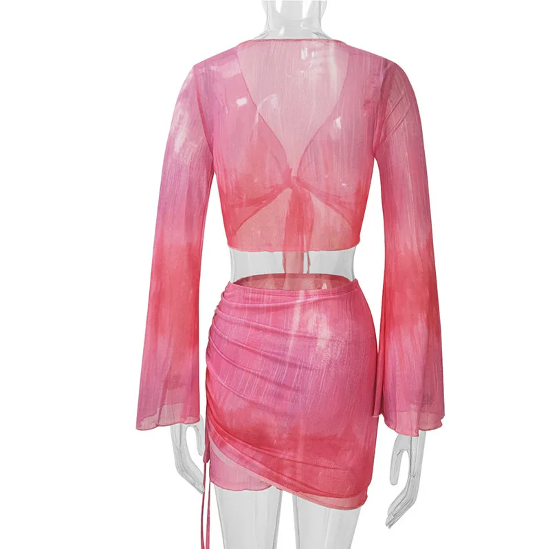 Mode V-ausschnitt Flare Hülse Tie Dye Tops Mini Rock Anzug Frauen Mesh Tees Spitze Up Röcke Neue Sommer Weibliche 2-teiliges Set Outfits – Detail 19