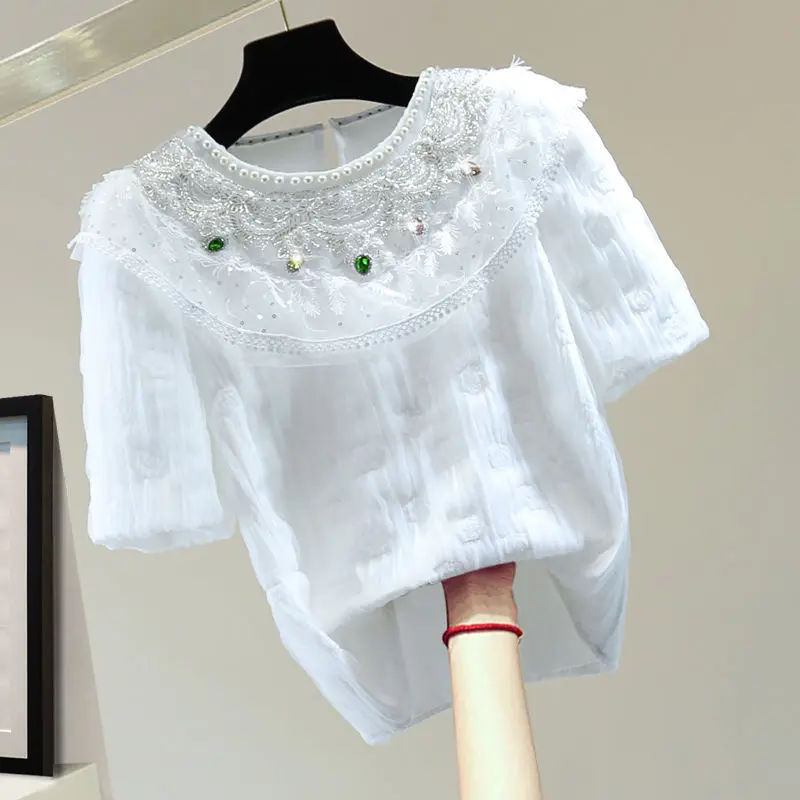 Neploe Embossed Sequin Puff Short Sleeve O-Neck T-Shirt 2024 Summer Korean Studded Beaded Lace Straight Top Femme Chic Sweet Tee