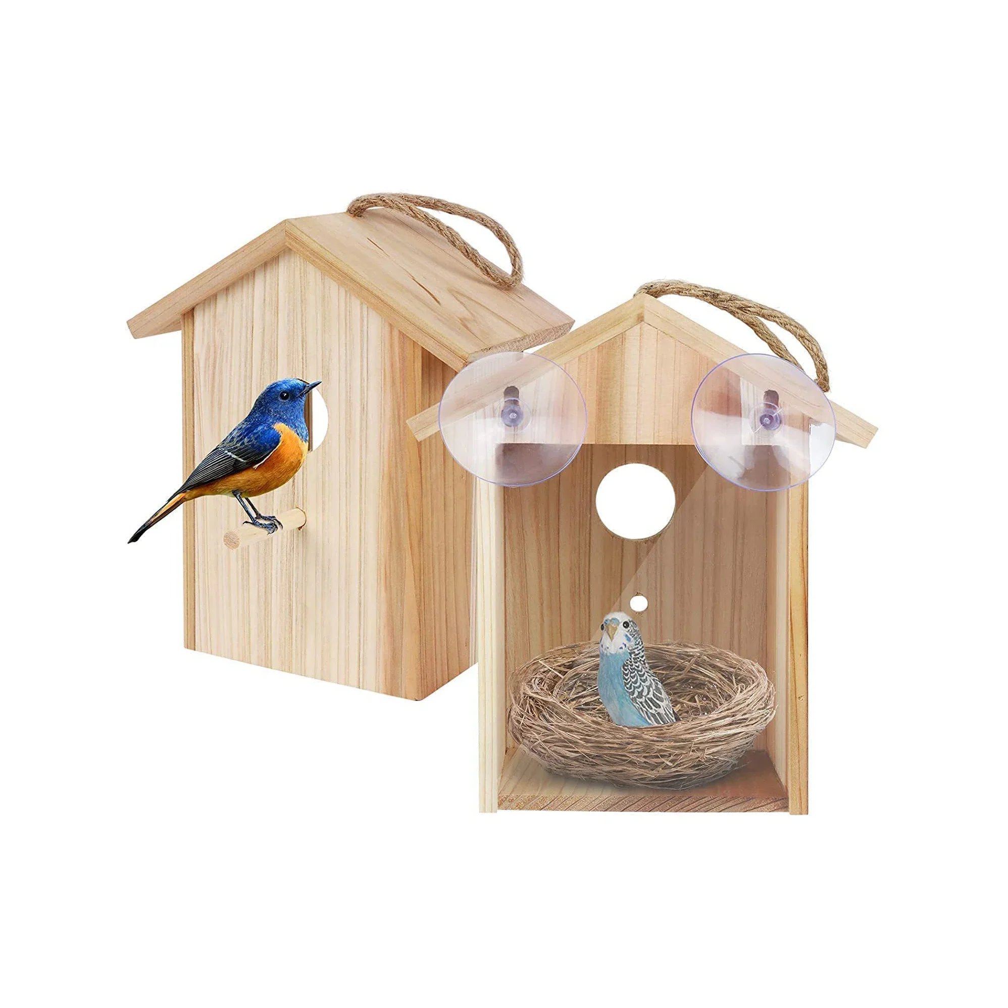 Wooden Bird's Nest Outdoor Bird's Nest Window Bird House With Powerful Suction Cup