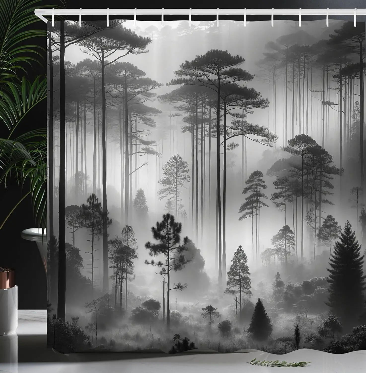 

Черно-белая занавеска для душа, туманные высокие деревья, лесной натуральный пейзаж, ткань, украшение для ванной комнаты, занавеска для душа с крючком