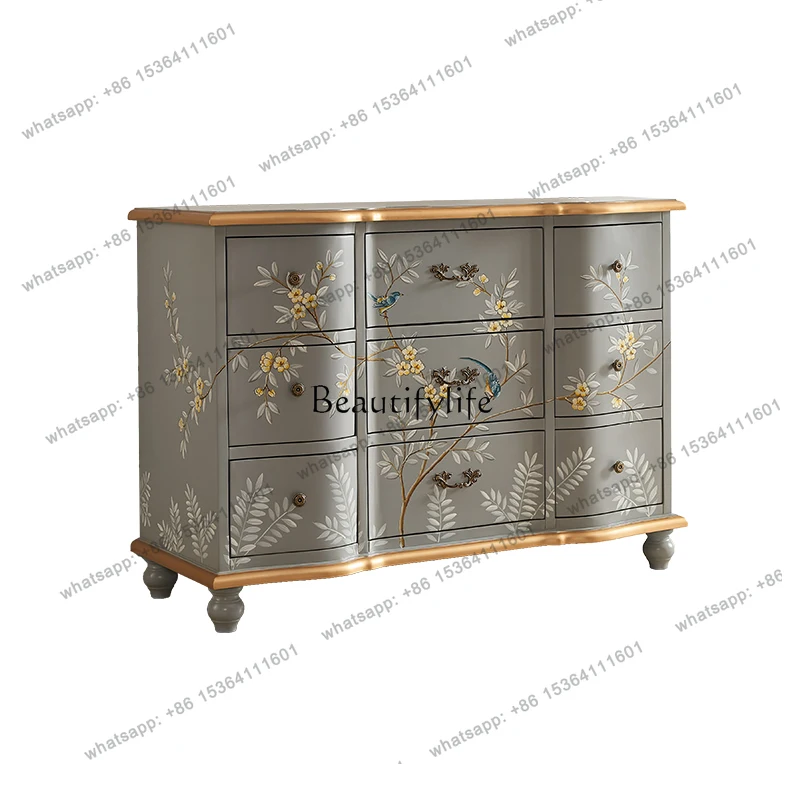 

56European-style chest bedroom nine chest cabinets solid wood light luxury storage cabinet painted chest of drawers living room